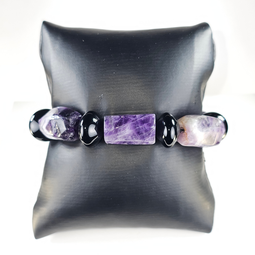 Amethyst & Black Onyx stretchy stone bead bracelet