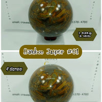 Bamboo Jasper #01 - A beautiful sphere with cool colors and amazing included patterns that Jaspers always produce! A gorgeous 4" diameter Bamboo Jasper sphere weighing 1.4 kilos. Amazing craftsmanship and material make this huge sphere a collector's dream. The size and color of this beautiful sphere make it perfect for decoration as well. Similar spheres of this size and quality will see at around $200 at any market or trade show.