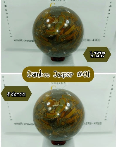 Bamboo Jasper #01 - A beautiful sphere with cool colors and amazing included patterns that Jaspers always produce! A gorgeous 4